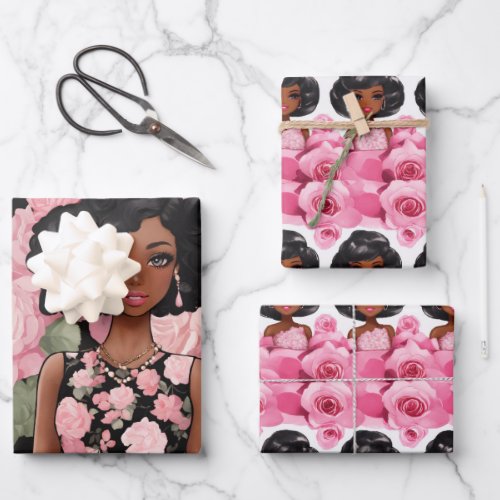 seamless pattern cartoon doll Black Girl Barbie Wrapping Paper Sheets