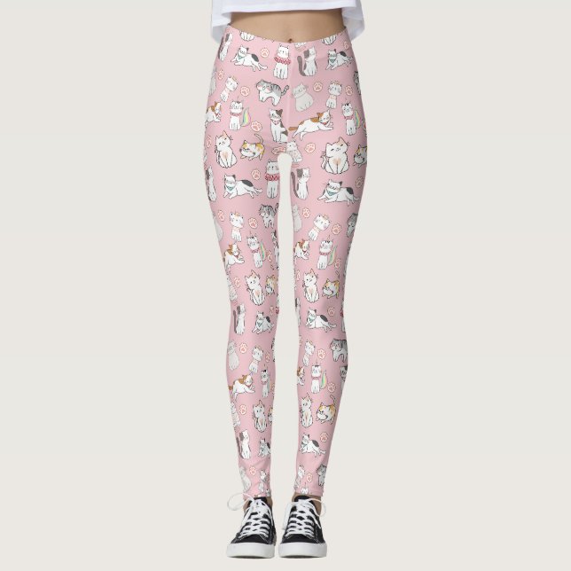 Seamless Pattern Cute Cartoon Kawaii Cats Leggings (Front)