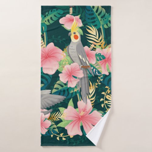 Seamless pattern cute cockatiel parrot sits on gre bath towel