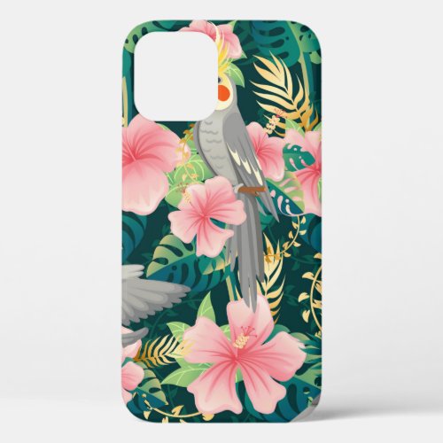 Seamless pattern cute cockatiel parrot sits on gre iPhone 12 case
