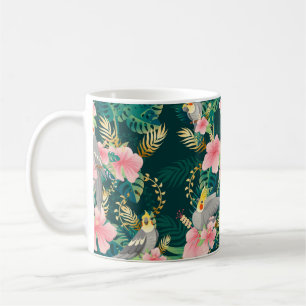 Seamless pattern cute cockatiel parrot sits on gre coffee mug