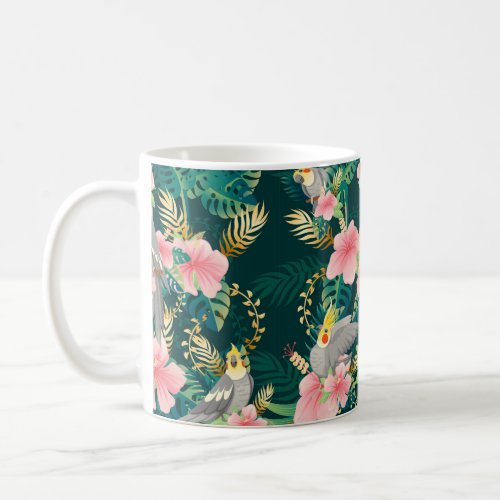 Seamless pattern cute cockatiel parrot sits on gre coffee mug