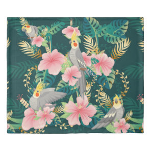 Seamless pattern cute cockatiel parrot sits on gre duvet cover