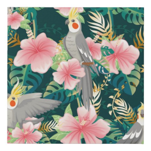 Seamless pattern cute cockatiel parrot sits on gre faux canvas print