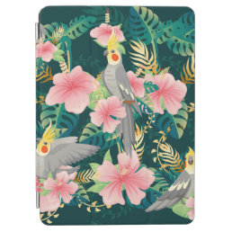 Seamless pattern cute cockatiel parrot sits on gre iPad air cover