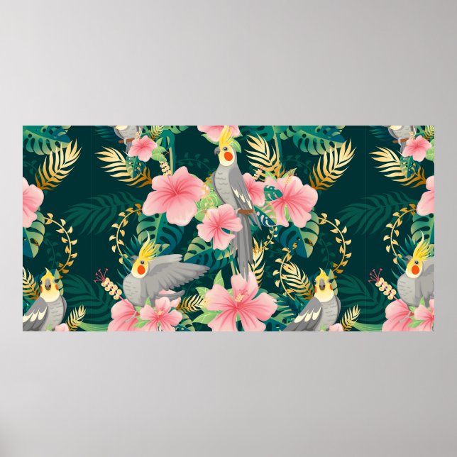 Seamless pattern cute cockatiel parrot sits on gre poster (Front)