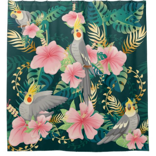 Seamless pattern cute cockatiel parrot sits on gre shower curtain