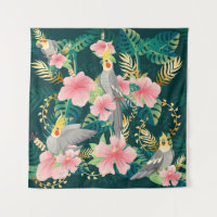 Seamless pattern cute cockatiel parrot sits on gre