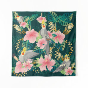 Seamless pattern cute cockatiel parrot sits on gre tapestry