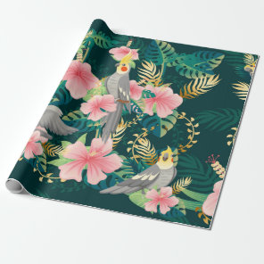 Seamless pattern cute cockatiel parrot sits on gre wrapping paper
