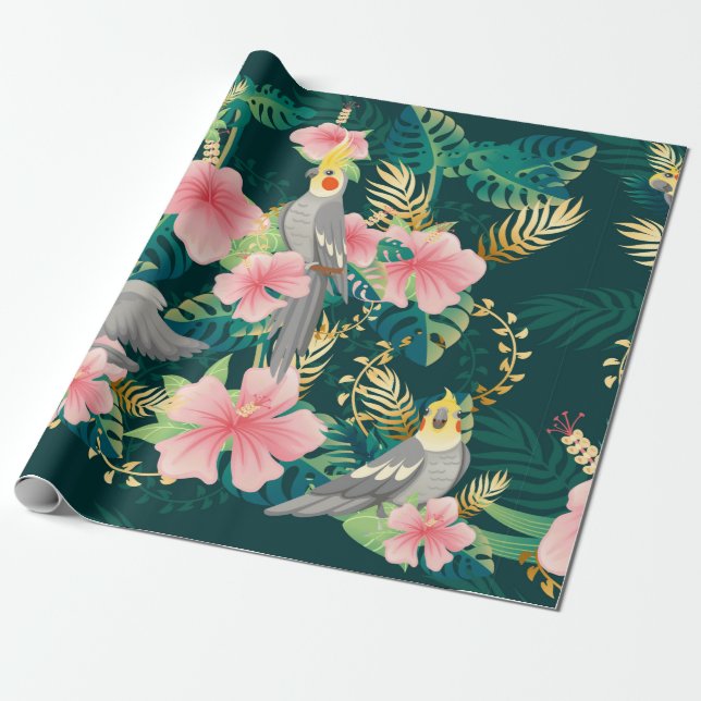 Seamless pattern cute cockatiel parrot sits on gre wrapping paper (Unrolled)