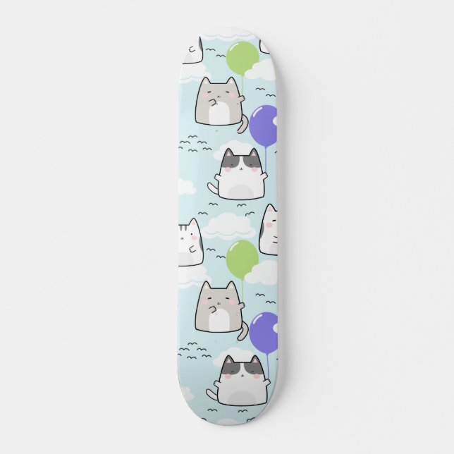 Seamless Pattern Cute Kawaii Cats clouds balloons Skateboard (Front)