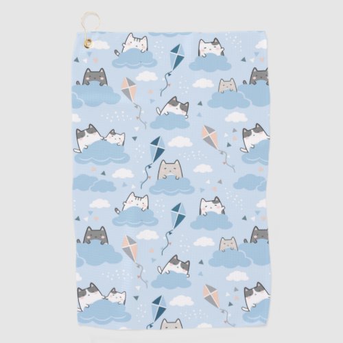 Seamless Pattern Cute Kawaii Cats clouds kite Golf Towel