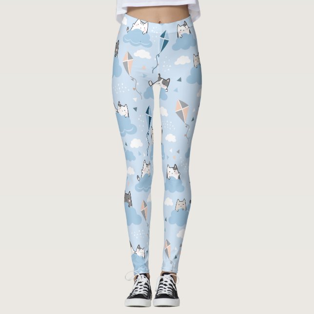 Seamless Pattern Cute Kawaii Cats clouds kite Leggings (Front)