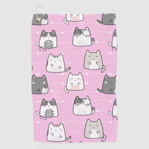 Seamless Pattern Cute Kawaii Cats heart line Golf Towel