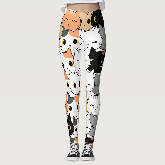 Seamless Pattern Cute Kawaii Cats heart line Leggings (Front)