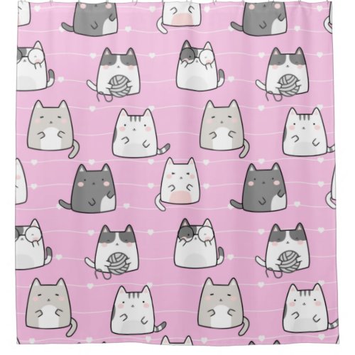 Seamless Pattern Cute Kawaii Cats heart line Shower Curtain