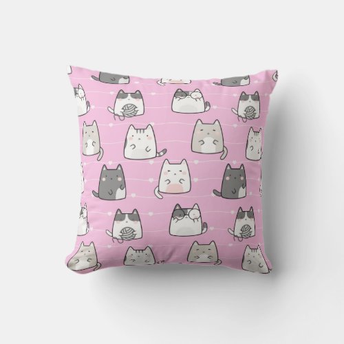 Seamless Pattern Cute Kawaii Cats heart line Throw Pillow