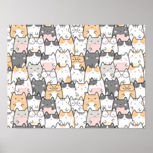 Seamless Pattern Cute Kawaii Cats Poster