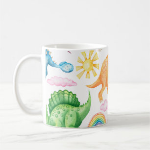 Seamless pattern depicting colored dinosaurs, rain coffee mug