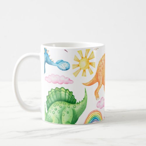 Seamless pattern depicting colored dinosaurs rain coffee mug