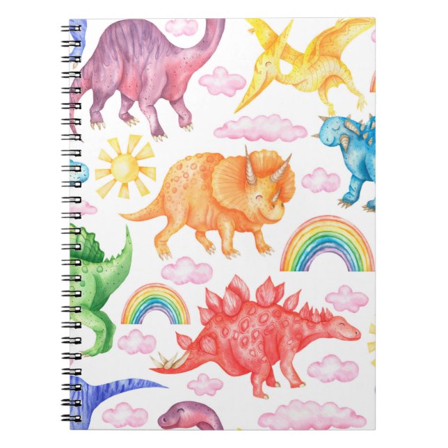 Seamless pattern depicting colored dinosaurs, rain notebook (Front)
