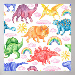 Seamless pattern depicting colored dinosaurs, rain poster