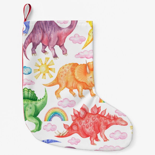 Seamless pattern depicting colored dinosaurs, rain small christmas stocking (Front)