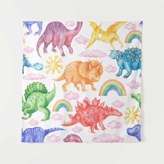 Seamless pattern depicting colored dinosaurs, rain tapestry (Front)