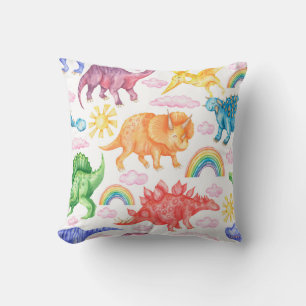 Seamless pattern depicting colored dinosaurs, rain throw pillow