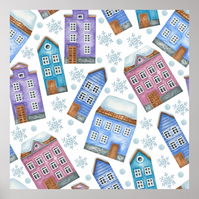 Seamless pattern depicting winter houses and snowf poster (Front)