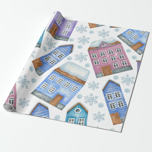 Seamless pattern depicting winter houses and snowf wrapping paper (Unrolled)