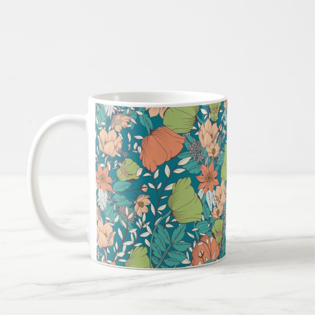 Seamless pattern design with hand drawn flowers an coffee mug (Left)