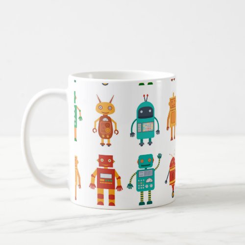 Seamless pattern from colorful retro robots in a f coffee mug