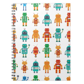 Seamless pattern from colorful retro robots in a f notebook