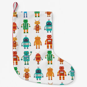 Seamless pattern from colorful retro robots in a f small christmas stocking
