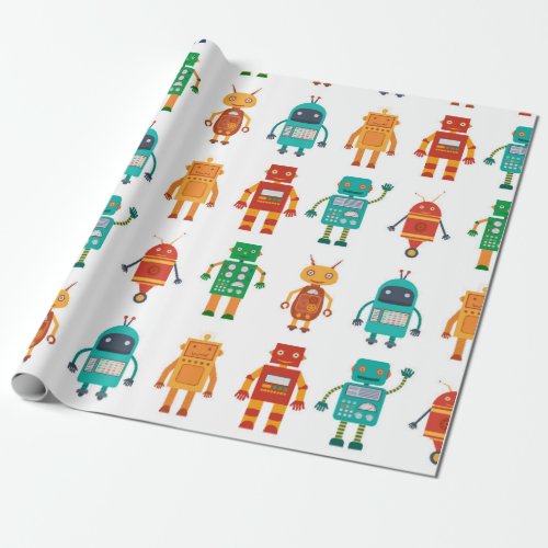 Seamless pattern from colorful retro robots in a f wrapping paper