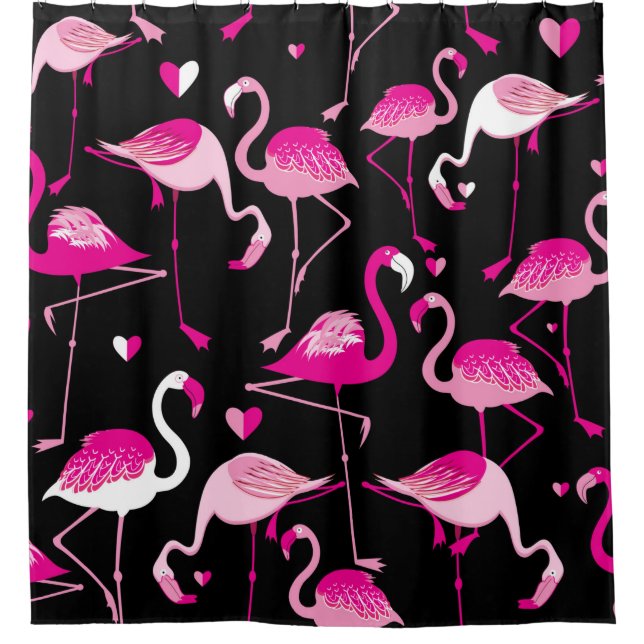 Seamless pattern from pink flamingos on a dark bac shower curtain (Front)