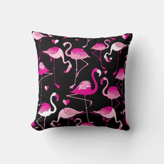 Seamless pattern from pink flamingos on a dark bac throw pillow (Front)