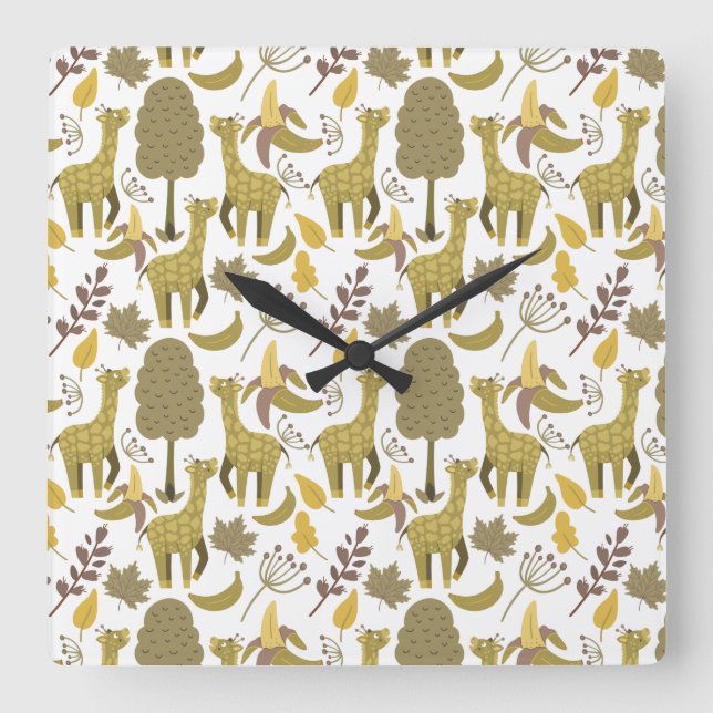 Seamless pattern Giraffe yellow white background Square Wall Clock (Front)