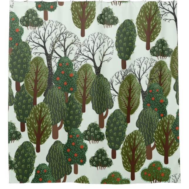 Seamless pattern, green forest with different tree shower curtain (Front)