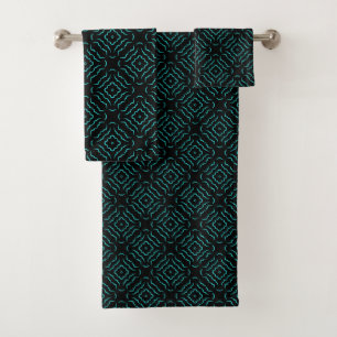 Seamless Pattern In Bright Turquoise On Black Bath Towel Set