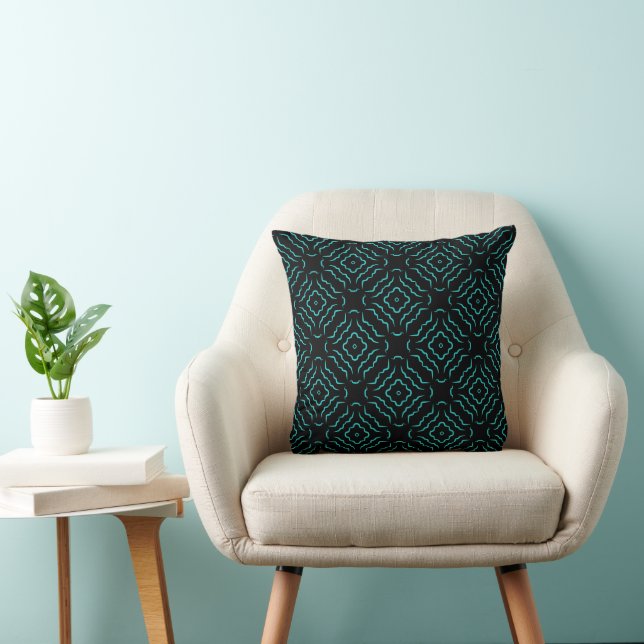 Seamless Pattern In Bright Turquoise On Black Throw Pillow (Chair)
