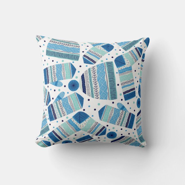 Seamless pattern. Knitted mittens, caps and wool s Throw Pillow (Front)