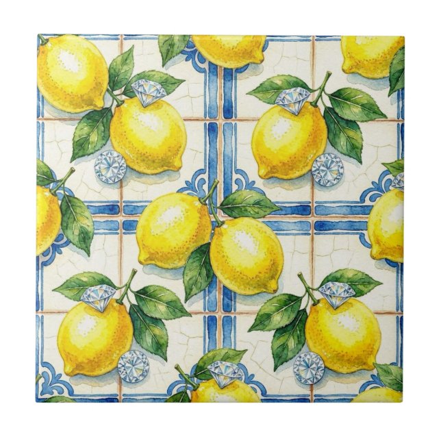 Seamless Pattern Lemons and Diamonds Ceramic Tile (Front)