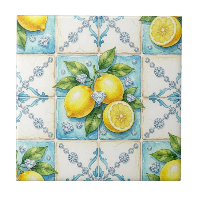 Seamless Pattern Lemons and Diamonds Ceramic Tile (Front)