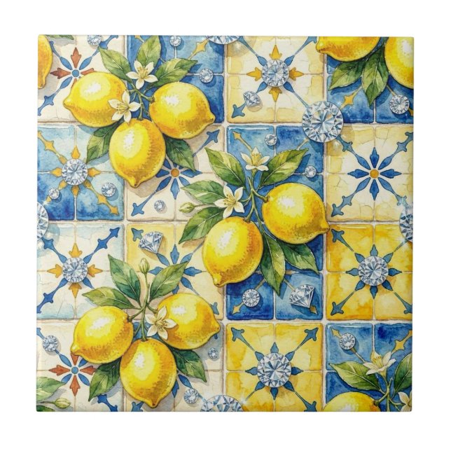 Seamless Pattern Lemons and Diamonds Ceramic Tile (Front)