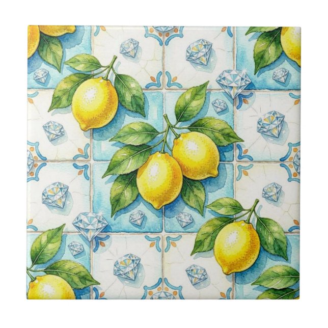 Seamless Pattern Lemons and Diamonds Ceramic Tile (Front)