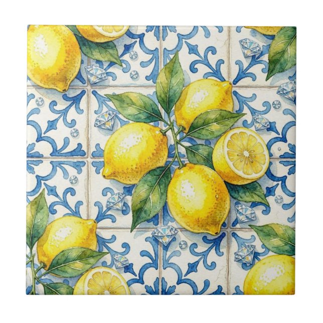Seamless Pattern Lemons and Diamonds Ceramic Tile (Front)