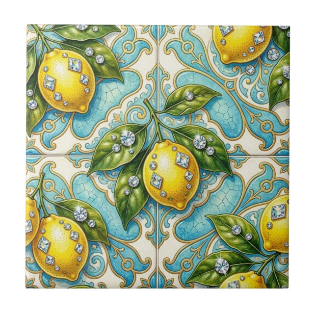 Seamless Pattern Lemons and Diamonds Ceramic Tile (Front)